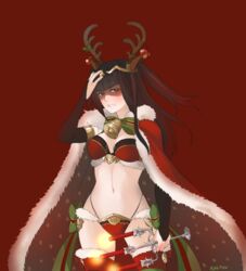  animal_ears antlers bell bikini black_eyes black_hair black_nails bow breasts bridal_gauntlets candle candlestand cape christmas_ornaments collar cowboy_shot deer_ears female fire_emblem fire_emblem_awakening fire_emblem_heroes fur-trimmed_cape fur-trimmed_legwear fur_trim green_bow hand_on_own_head hand_up holding horns long_hair looking_at_viewer medium_breasts nail_polish navel neck_bell plaemon red_background red_bikini red_thighhighs reindeer_antlers santa_costume signature simple_background solo swimsuit tharja_(fire_emblem) tharja_(winter)_(fire_emblem) thighhighs two_side_up 