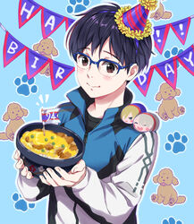  1boy bad_id bad_pixiv_id black_hair black_shirt blue-framed_eyewear blush bowl brown_eyes canine character_doll closed_mouth commentary_request floral_print food glasses hands_up happy_birthday hat higeneko holding holding_bowl holding_food jacket katsudon_(food) katsuki_yuuri male_focus mochimochi_mascot over-rim_eyewear party_hat paw_print pennant semi-rimless_eyewear shirt smile solo track_jacket upper_body viktor_nikiforov wavy_mouth yuri!!!_on_ice yuri_plisetsky 