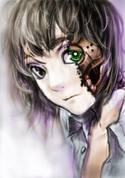  androgynous android brown_eyes burnt buttons closed_mouth collarbone collared_shirt commentary_request damaged expressionless female glowing glowing_eye green_eyes grey_hair heterochromia looking_at_viewer mechanical_parts metropolis open_clothes open_shirt photoshop_(medium) shirt skinned skull solo spoilers teeth teru_sakura tima_(metropolis) unbuttoned unbuttoned_shirt white_shirt wing_collar 