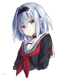  black_serafuku blue_eyes blue_hair choker female highres jimmy looking_at_viewer ryuuou_no_oshigoto! sailor_collar school_uniform serafuku short_hair sora_ginko upper_body white_background 