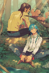  2boys absurdres alternate_costume alternate_hairstyle blue_hair brown_hair crossed_legs dramatical_murder feather_hair_ornament feathers forest hair_ornament highres honya_lala log male_focus mink_(dramatical_murder) multiple_boys nature official_art photoshop_(medium) scan seragaki_aoba sitting smile squirrel tree 