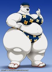  2024 anthro bear bearimore beckoning belly big_breasts bikini breasts clothing digital_media_(artwork) female fur gesture hand_on_hip hat headgear headwear hi_res mammal navel obese obese_anthro obese_female overweight overweight_anthro overweight_female polar_bear sandals smile smiling_at_viewer solo swimwear the_adventures_of_courdroy_bear thick_thighs two-piece_swimsuit ursine white_body white_fur xxsparcoxx 