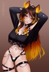  animal_ears arms_up ass_visible_through_thighs blush breasts brown_background brown_hair female fiery_ears harness indie_virtual_youtuber large_breasts long_hair looking_at_viewer mouth_hold multicolored_hair navel orange_eyes orange_fire ponytail shirt sinder_(vtuber) solo streaked_hair torn_clothes torn_shirt torusava tying_hair virtual_youtuber wolf_ears wolf_girl 