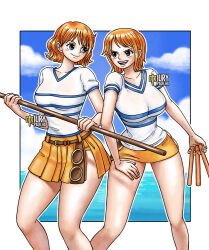  2girls artist_name bare_arms bare_legs birthday blue_eyes blue_sky blue_trim border breasts closed_mouth cloud cloudy_sky collarbone dual_persona english_commentary feet_out_of_frame hand_on_own_thigh holding holding_staff holding_weapon horizon iury_padilha large_breasts light_blush looking_at_another looking_at_viewer looking_to_the_side medium_breasts miniskirt multiple_girls nami_(one_piece) narrow_waist ocean oda_eiichirou_(style) one_piece one_piece_(live_action) open_mouth orange_eyes orange_hair outdoors outside_border shirt short_hair short_sleeves single_sidelock skirt sky smile staff teeth thighs upper_teeth_only v-neck weapon white_border white_shirt wide_hips yellow_shirt 