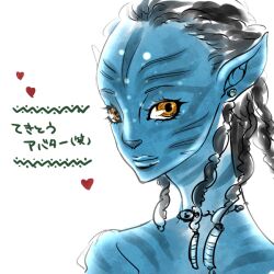  2009 alien black_hair blue_body dreadlocks female hair humanoid humanoid_pointy_ears james_cameron&#039;s_avatar japanese_description japanese_text looking_at_viewer na&#039;vi ouka simple_background solo text white_background yellow_eyes 