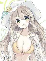  :d baran._(ba_ra_ran) bikini blue_archive blush breasts brown_hair cleavage commentary female flower front-tie_bikini_top front-tie_top green_eyes hat hat_flower highres jacket jacket_over_swimsuit large_breasts long_hair long_sleeves looking_at_viewer navel nonomi_(blue_archive) nonomi_(swimsuit)_(blue_archive) official_alternate_costume open_clothes open_jacket open_mouth see-through see-through_jacket smile solo split_mouth stomach sun_hat swimsuit upper_body white_hat yellow_flower 