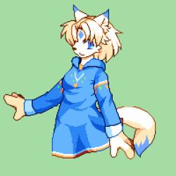  2010 ambiguous_gender anthro blue_clothing blue_eyes blue_topwear canid canine canis clothing digital_media_(artwork) domestic_dog fur green_background hair happy japanese_description looking_at_viewer low_res mammal ouka pixel_(artwork) simple_background solo tail thumbnail topwear white_body white_fur white_hair 