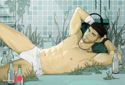  1boy abs armpit_hair arms_behind_head bandaged_hand bandages bara beard_stubble black_hair bottle cattail closed_mouth eyebrow_cut facial_hair feet_out_of_frame glint grass highres hugh_(katto) jewelry katto8452 large_pectorals light_blush looking_to_the_side lying male_focus male_underwear muscular muscular_male mustache_stubble navel necklace on_side original patreon_logo patreon_username pectorals plant ring ring_necklace short_hair solo sparse_navel_hair stubble tile_wall tiles topless_male undercut underwear watch white_male_underwear wristwatch 