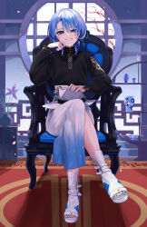  architecture black_jacket blue_eyes blue_skirt bob_cut chair commentary crossed_legs earrings fedora female gold_trim gradient_clothes gradient_skirt grin hat head_rest highres holding holding_clothes holding_hat hololive hoshimachi_suisei hoshimachi_suisei_(oriental_suit) indoors jacket jewelry long_sleeves looking_at_viewer rug short_hair side_slit skirt smile solo tassel tassel_earrings toeless_footwear unworn_hat unworn_headwear virtual_youtuber white_footwear white_hat white_skirt yellow_takano 