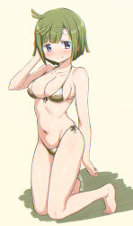  abutomato aki_sakie aoki_ume_(style) bare_legs barefoot bikini blush breasts cleavage closed_mouth female front-tie_bikini_top front-tie_top full_body green_hair hair_ornament hairclip highleg highleg_bikini highres kneeling magia_record:_mahou_shoujo_madoka_magica_gaiden mahou_shoujo_madoka_magica navel purple_eyes short_hair side-tie_bikini_bottom simple_background smile solo swimsuit 