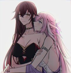  2girls bare_shoulders black_dress breasts cleavage clothing_cutout collarbone couple dress eden_(honkai_impact) elysia_(herrscher_of_human:_ego)_(honkai_impact) elysia_(honkai_impact) grey_background honkai_(series) honkai_impact_3rd hug large_breasts long_hair looking_at_another multiple_girls pink_hair red_hair side_cutout sideboob sieka_(piiroinardesco) upper_body white_devil yellow_eyes yuri 