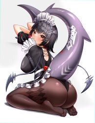  absurdres ass black_hair black_pantyhose colored_inner_hair ellen_joe female fins fish_tail from_behind hair_between_eyes highres itacho_(itasha_draws) looking_at_viewer looking_back maid maid_headdress multicolored_hair no_shoes pantyhose red_eyes red_hair shark_girl shark_tail short_hair sidelocks sitting solo tail thighs two-tone_hair zenless_zone_zero 