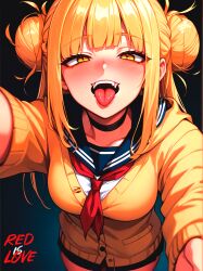  absurdres ai-generated blue_background boku_no_hero_academia double_bun female hair_bun highres looking_at_viewer non-web_source school_uniform self-upload shows smile solo toga_himiko tongue 