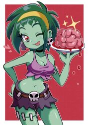  brain breasts cleavage colored_skin cowboy_shot crop_top female green_hair green_skin hairband heart highres looking_at_viewer medium_breasts midriff one_eye_closed purple_tank_top red_eyes rottytops shantae_(series) short_hair short_shorts shorts skull_belt solo tank_top tebasashi_(ewfewsfsf) tongue tongue_out yellow_hairband zombie 