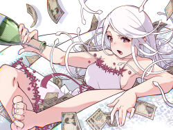  :o animal armpits banknote barefoot blush bottle bow breasts dress dress_bow dress_ribbon drink female foot_out_of_frame hair_ornament halftone_texture hatanana_(ag6uptphhal3frd) highres holding holding_bottle holding_drink holding_money long_hair looking_at_viewer looking_to_the_side lounging lying medium_breasts money monogatari_(series) official_alternate_hair_color on_animal on_back open_mouth oversized_animal pink_bow pink_dress pink_ribbon pouring pouring_onto_self red_eyes ribbon sake_bottle sengoku_nadeko sideboob simple_background single_bare_shoulder sleeveless sleeveless_dress snake snake_hair_ornament solo strap_slip sundress toes two-tone_dress white_background white_dress white_hair white_snake 