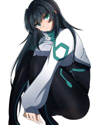  black_bodysuit black_hair blush bodysuit breasts female green_eyes grey_shirt grey_shrug gundam gundam_build_divers gundam_build_divers_re:rise head_tilt highres juice_(jule_tyaojule) large_breasts long_hair looking_at_viewer may_(gundam_build_divers_re:rise) shirt shrug_(clothing) simple_background sitting sleeves_past_wrists solo very_long_hair white_background worried 