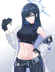  amenaka baseball_cap black_hat black_mask blue_archive blue_halo buckle cameltoe chest_harness coat colored_inner_hair female halo harness hat highres knife_sheath mask midriff mouth_mask multicolored_hair navel no_mask saori_(blue_archive) sheath shirt sleeveless sleeveless_shirt snap-fit_buckle solo stomach white_coat 