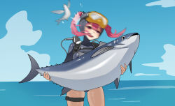  animal black_wetsuit blue_sky bodysuit cloud dave_the_diver day diving_suit female fish flying_fish goddess_of_victory:_nikke goggles goggles_on_head highres holding holding_animal holding_fish mast_(mast_the_diver)_(nikke) mast_(nikke) ocean outdoors pink_hair scuba_gear scuba_tank sky solo thigh_strap twintails water wet_suit wetsuit wge 