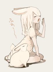  absurdres animal animal_ears closed_eyes commentary_request covering_own_mouth creature_and_personification female from_side full_body hand_up highres medium_hair nightgown original profile rabbit rabbit_ears rabbit_girl rabbit_tail sakutake_(ue3sayu) short_sleeves sideways_mouth sitting solo tail teeth translated upper_teeth_only wariza white_hair white_rabbit_(animal) yawning 