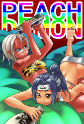  2girls alcohol animal_print bare_shoulders barefoot bean_bag bikini blue_eyes colored_skin cosplay food_print fruit_print headband highres hijirisu_(spity) horns looking_at_another lying lying_on_another momotarou momotarou_(character) momotarou_(character)_(cosplay) multiple_girls oni peach_print pointy_ears red_background red_oni red_skin sake semi-rimless_eyewear short_eyebrows shoulder_tattoo skin-covered_horns swimsuit tattoo tiger_print white_bikini white_hair 