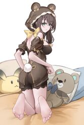  absurdres animal_ears animal_hood bare_legs bare_shoulders barefoot bear_ears bear_girl bear_hair_ornament bear_hood bear_pajamas bed black_hair blue_eyes brown_hood cotton_panties feet hair_ornament highres hood long_hair looking_at_viewer looking_back nagata_gata pajamas pillow soles strinova stuffed_animal stuffed_toy teddy_bear yvette_(strinova) 