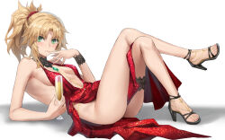  bare_legs bare_shoulders blonde_hair blush braid breasts champagne_flute crossed_legs cup dress drinking_glass fate/apocrypha fate_(series) feet female green_eyes high_heels highres legs long_hair looking_at_viewer mordred_(fate) parted_bangs ponytail red_dress sandals sidelocks small_breasts solo strappy_heels toenails toes tonee 