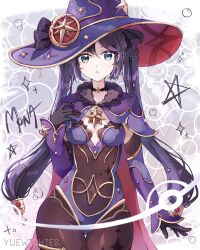  black_gloves breasts choker detached_sleeves earrings female fur_collar genshin_impact gloves gold_trim hat hat_ornament highres jewelry leotard long_hair looking_at_viewer medium_breasts mona_(genshin_impact) navel open_mouth ponytail_holder purple_hair purple_hat purple_leotard solo sparkle_print star_(symbol) star_choker star_earrings swimsuit thighlet thighs twintails very_long_hair witch_hat yuewishies 