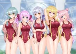  5girls ;d aqua_hair arm_at_side arm_under_breasts armpits arms_behind_back arms_up assault_lily bare_arms bare_shoulders blonde_hair blue_eyes blue_jacket blue_sky blunt_bangs blunt_ends blurry blurry_background blush bow braid breasts brown_cardigan buttons cardigan cleavage closed_mouth cloud collarbone commentary_request competition_swimsuit covered_navel cowboy_shot crossed_bangs double_bun fingernails green_eyes grey_hair groin hair_between_eyes hair_bun hair_ribbon hairbow half_updo hand_in_own_hair hand_on_own_arm hand_up hands_up highres imai_tomohiro indoors jacket jewelry kon_kanaho large_breasts long_hair long_sleeves looking_at_viewer medium_breasts miyagawa_takane multicolored_jacket multiple_girls off_shoulder one-piece_swimsuit one_eye_closed open_cardigan open_clothes open_jacket open_mouth parted_lips pink_bow pink_hair pink_jacket purple_eyes purple_ribbon red_bow red_one-piece_swimsuit ribbon ring sadamori_himeka side-by-side side_braid sideboob sidelocks sky sleeves_past_fingers sleeves_past_wrists smile standing swimsuit swimsuit_under_clothes tanba_akari toki_kureha twintails two-tone_jacket very_long_hair wavy_hair window yellow_eyes 