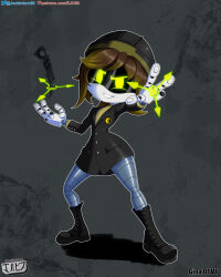  4:5 absurd_res android armor boots brown_hair clothed clothing digital_media_(artwork) fan_character female fingers footwear glitch_productions green_eyes grey_body hair hat headgear headwear helmet hi_res humanoid jackintaro knife looking_at_viewer machine metallic_body murder_drones not_furry robot robot_humanoid screen_eyes shoes short_hair simple_background smile solo text url white_body worker_drone 