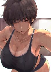  absurdres alpha-type bare_shoulders black_tank_top blurry blurry_background breasts brown_hair cleavage commentary_request dark_skin female hand_on_own_hip highres large_breasts leaning_forward open_mouth original short_hair short_shorts shorts solo sweat tan tank_top tanlines tomboy very_sweaty 