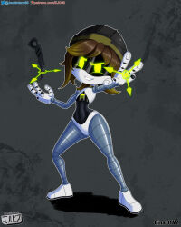  4:5 absurd_res android armor brown_hair clothing digital_media_(artwork) fan_character female fingers glitch_productions green_eyes grey_body hair hat headgear headwear helmet hi_res humanoid jackintaro knife looking_at_viewer machine metallic_body murder_drones not_furry nude robot robot_humanoid screen_eyes short_hair simple_background smile solo text url white_body worker_drone 