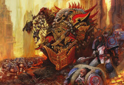  6+boys adeptus_astartes after_battle alexboca angron angry antennae architecture armor armored_boots army artist_name axe bald bisected black_hair blood blood_on_armor blood_on_ground blood_on_weapon blue_armor boots breastplate building butchers_nails cable cable_hair cape chain_around_arm chains chainsaw chainsword chaos_space_marine clenched_teeth corpse death dreadnought_(warhammer_40k) eagle_head_(ornament) english_commentary facepaint fighting_stance fire flag full_armor full_body fur-trimmed_cape fur_trim gauntlets gold_armor greaves gun heavy_bolter helmet highres holding holding_axe holding_bolter holding_chain holding_chainsaw holding_detached_head holding_flag holding_gun holding_polearm holding_sword holding_weapon horned_armor imperial_aquila industrial knife_belt long_hair male_focus military_uniform military_vehicle motor_vehicle multiple_boys no_headwear on_rock open_mouth ornate_armor ornate_axe ornate_weapon outdoors pale_skin pauldrons pelt pelvic_curtain polearm power_armor power_lines primarch pteruges red_armor scabbard scar scar_on_face science_fiction screaming severed_arm severed_head severed_limb sheath sheathed shoulder_armor shoulder_pads shoulder_spikes signature skull skull_belt skull_ornament sky skyscraper spiked_axe spiked_pauldrons spikes sword tank teeth terminator_armor tower vambraces war warhammer_40k weapon white_armor wire world_eaters yellow_sky 