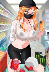  1other arm_behind_back averting_eyes barcode_scanner black_leggings blush bra_visible_through_clothes breasts buying_condoms can cleavage condom_box contemporary cropped_shirt drink_can elpipe_3000 embarrassed energy_drink female heart highres holding holding_barcode_scanner holding_phone large_breasts leggings long_hair looking_down mask monster_energy mouth_mask nami_(one_piece) navel one_piece orange_eyes orange_hair phone pov see-through_clothes see-through_shirt shelf shirt steaming_body stomach supermarket sweat thigh_gap wanted_poster white_shirt 