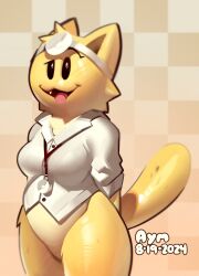  2024 anthro aymbord clothing doctor domestic_cat felid feline felis female fur hi_res mammal regretevator roblox shirt simple_background solo topwear white_clothing white_shirt white_topwear yellow_body yellow_fur 