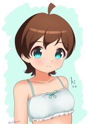  ahoge ai_haruka bare_shoulders blue_eyes bra brown_hair closed_mouth collarbone commentary_request dated dot_nose english_commentary female green_bra highres idolmaster idolmaster_million_live! idolmaster_million_live!_theater_days kinoshita_hinata looking_at_viewer mixed-language_commentary signature smile solo twitter_username underwear upper_body 