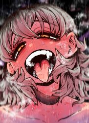  absurdres aroused black_choker blush breasts choker cowgirl_position cowgirl_position female glowing glowing_eyes grey_hair heavy_breathing highres implied_sex long_hair looking_at_viewer nude open_mouth out-of-frame_censoring ringed_eyes shiba_natsuki smile solo ss_kabushikigaisha straddling straight sweat upper_body yellow_eyes zyugoya 