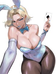  ace_(playing_card) ace_of_spades alternate_costume animal_ear_hairband animal_ears bare_shoulders bion_(insomn_bion) blonde_hair blue_bow blue_bowtie blue_eyes blue_lips blue_nails bow bowtie breasts card cleavage collarbone commentary covered_navel curtained_hair detached_collar detached_sleeves emma_frost english_commentary fake_animal_ears female hairband highres holding holding_card large_breasts leaning_forward leotard lipstick looking_at_viewer makeup marvel marvel_rivals nail_polish pantyhose playboy_bunny playing_card rabbit_ear_hairband rabbit_ears short_hair simple_background skindentation smile solo spade_(shape) strapless strapless_leotard thick_thighs thighs white_background white_leotard white_sleeves x-men 