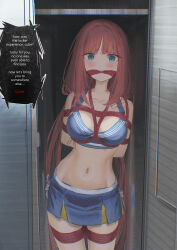  absurdres alternate_costume arms_behind_back bare_arms bare_shoulders blue_eyes blue_skirt blush bondage bondage bondage bound breasts cailin020 cheerleader collarbone commentary cowboy_shot english_commentary english_text female gagged genshin_impact highres locker long_hair looking_at_viewer low_twintails medium_breasts midriff navel nilou_(genshin_impact) no_headwear paid_reward_available red_hair skirt solo standing stomach twintails very_long_hair 