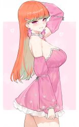  absurdres arm_up ass bare_shoulders bluefield blush breasts commentary dress earrings feather_earrings feathers female gradient_hair green_hair grin hair_ornament hairclip highres hololive hololive_english jewelry large_breasts long_hair long_sleeves looking_at_viewer multicolored_hair neckerchief orange_hair perfume_(takanashi_kiara) pink_background pink_dress pink_eyes pink_feathers pink_sleeves see-through_silhouette sleeve_garter sleeves_past_wrists smile solo straight_hair strapless strapless_dress sweat takanashi_kiara thighs two-tone_background two-tone_hair virtual_youtuber white_background white_neckerchief 