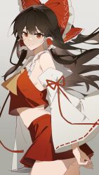  ascot ass bare_shoulders bow breasts brown_hair closed_mouth collared_shirt commentary cowboy_shot crop_top detached_sleeves female floating_hair frilled_bow frilled_hair_tubes frilled_shirt_collar frills gradient_background grey_background hair_tubes hairbow hakurei_reimu highres long_hair long_sleeves looking_at_viewer midriff miniskirt nontraditional_miko red_bow red_eyes red_ribbon red_shirt red_skirt ribbon ribbon-trimmed_collar ribbon-trimmed_sleeves ribbon_trim shirt sideboob sidelocks simple_background skirt smile solo touhou white_sleeves wide_sleeves wind wuliwuli909 yellow_ascot 
