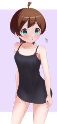  :o absurdres ahoge ai_haruka bare_shoulders black_dress blue_eyes blush breasts brown_hair collarbone commentary_request cowboy_shot dated dot_nose dress female highres idolmaster idolmaster_million_live! idolmaster_million_live!_theater_days kinoshita_hinata parted_lips signature small_breasts solo twitter_username 