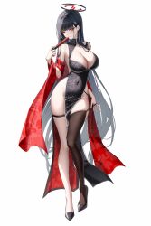  absurdres alternate_costume bare_shoulders black_dress black_hair black_thighhighs blue_archive blush breasts bright_pupils cleavage covered_navel dress female full_body hair_ornament hairclip halo highres holding large_breasts long_hair looking_at_viewer no_panties parted_lips pelvic_curtain red_eyes rio_(blue_archive) sab_(sab2500) simple_background single_thighhigh skindentation solo standing thigh_strap thighhighs thighs very_long_hair white_background white_pupils 