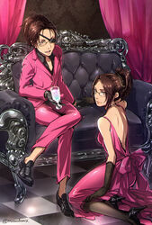  2girls :d aquiline_nose backless_dress backless_outfit bad_id bad_pixiv_id black_footwear black_gloves black_legwear black_shirt brown_eyes brown_hair checkered_floor collarbone commentary_request couch crossed_legs cup dress dress_shirt dual_persona elbow_gloves eyepatch full_body glasses gloves hair_ornament hange_zoe high_heels high_ponytail highres holding holding_cup indoors jacket leaning_forward looking_at_viewer multiple_girls null_(chronix) open_mouth pants pink_dress pink_jacket pink_pants pumps shingeki_no_kyojin shirt sitting sleeveless sleeveless_dress smile 