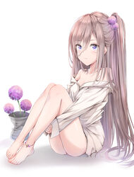  absurdres allium_(flower) anklet bad_id bad_pixiv_id barefoot blue_eyes brown_hair cuna_(qunya) dress_shirt female flower full_body hair_between_eyes hair_flower hair_ornament highres hugging_own_legs jewelry long_hair mole mole_under_eye naked_shirt off_shoulder one_side_up original purple_flower shirt simple_background sitting solo very_long_hair white_background white_shirt 