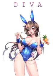  animal_ears artist_name ass_visible_through_thighs bad_hands bare_shoulders blue_leotard breasts brown_eyes brown_hair carrot character_name cleavage clenched_hand collarbone commentary contrapposto covered_navel cowboy_shot d.va_(overwatch) detached_collar english_commentary facepaint facial_mark fake_animal_ears female fingernails food fruit gabi groin hair_between_eyes hands_up heart heart-shaped_pupils highleg highleg_leotard holding holding_food large_breasts legs_apart leotard lips lipstick long_hair long_legs makeup open_mouth overwatch overwatch_1 playboy_bunny rabbit_ears red_lips simple_background solo standing strapless strapless_leotard symbol-shaped_pupils teeth tongue vegetable whisker_markings white_background wrist_cuffs 