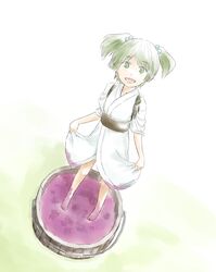  barefoot commentary_request female flat_chest food from_above fruit grape_stomping grapes green_eyes green_hair japanese_clothes kawashina_(momen_silicon) kimono kisume looking_at_viewer looking_up open_mouth short_hair skirt_hold smile solo tasuki touhou 