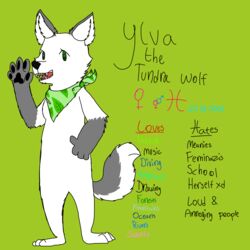  1:1 absurd_res anthro bandana canid canine canis clothing english_text female fur gesture green_background green_eyes hi_res ivysaurite kerchief mammal nude open_mouth plantigrade scarf simple_background teeth text waving white_body white_fur wolf ylva 