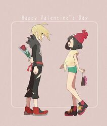  1boy bag black_hair blonde_hair female gladio_(pokemon) hat mizuki_(pokemon_sm) plain_background pokemon pokemon_(game) pokemon_sm rose short_hair shorts smile sweater tagme valentine&rsquo;s_day 