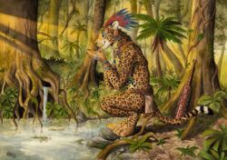  0laffson 2018 anklet anthro armlet aztec bottomwear bracelet clothing crouching detailed_background dipstick_tail drinking feathers felid forest hi_res jaguar jewelry loincloth macuahuitl male mammal markings melee_weapon multicolored_tail necklace outside painting_(artwork) palm_tree pantherine plant pond rainforest spring tail tail_markings traditional_media_(artwork) tree tribal tribal_clothing tropical vines warrior water watercolor_(artwork) waterfall weapon 