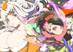  4girls animal_ears armor bare_shoulders black_hair blue_eyes blush bow_(weapon) breasts brown_eyes brown_hair cherry_blossoms cleavage collarbone comb commentary_request curly_hair dual_wielding flower fox_ears full_moon grey_hair hair_flower hair_ornament helmet holding huge_breasts japanese_armor japanese_clothes kabuto_(helmet) katana kimono kongiku kote kurokote leaf leaf_on_head long_hair looking_at_viewer looking_back moccy48 momohime moon multiple_girls oboro_muramasa off_shoulder oil-paper_umbrella pantyhose parted_lips photoshop_(medium) pink_eyes pink_flower short_kimono striped_clothes striped_pantyhose sword thighhighs torahime umbrella weapon yuzuruha 